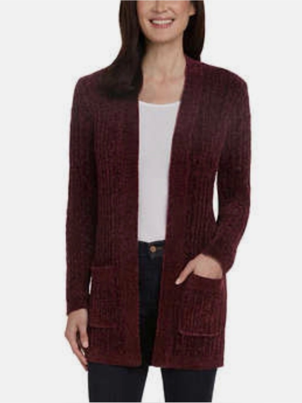 Matty M Chenille Open Front Cardigan Sweater Size Large Pockets Dark Purple Cozy
